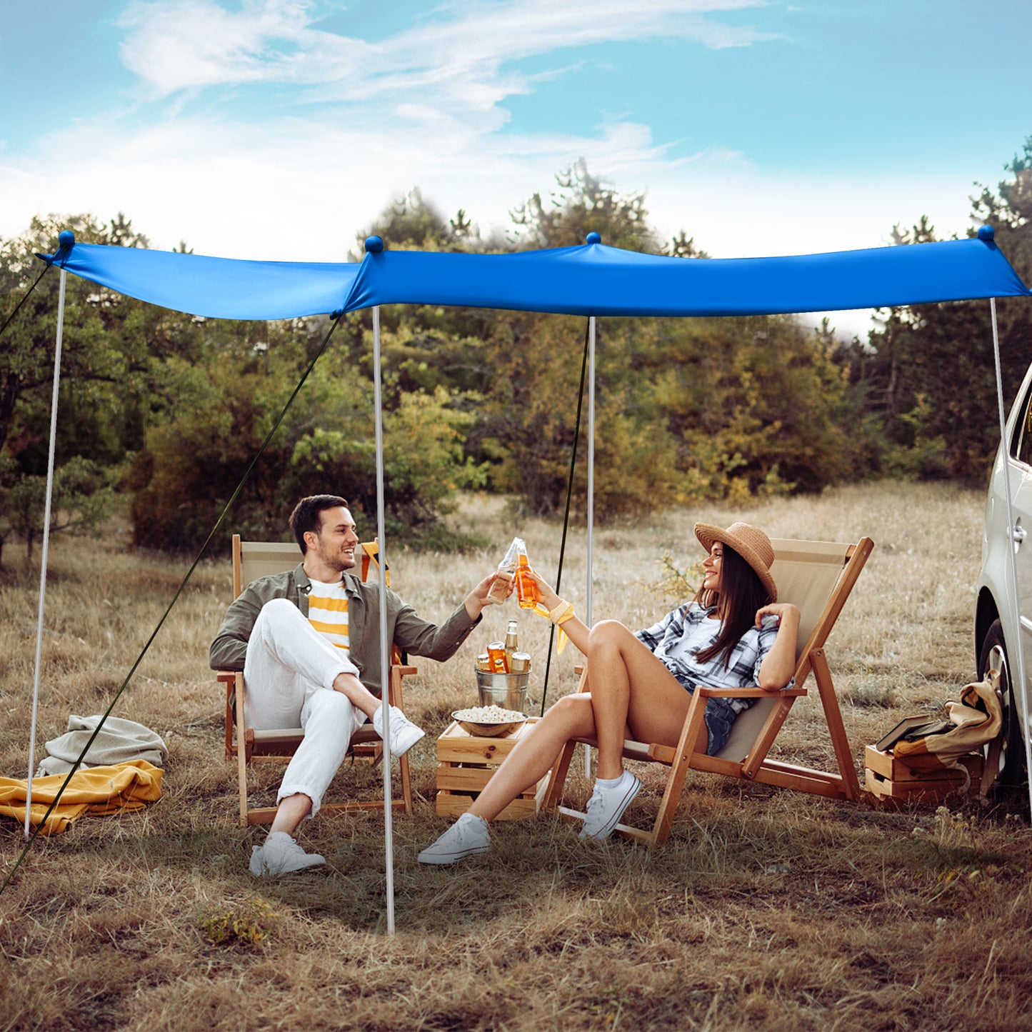 2-Size Beach Sunshade Canopy with Sandbags &amp; Carry Bag for Beach, Trip-Blue-210 x 210 x 180 cm
