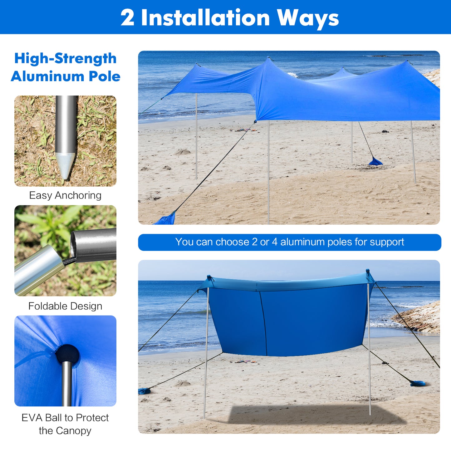 2-Size Beach Sunshade Canopy with Sandbags &amp; Carry Bag for Beach, Trip-Blue-210 x 210 x 180 cm