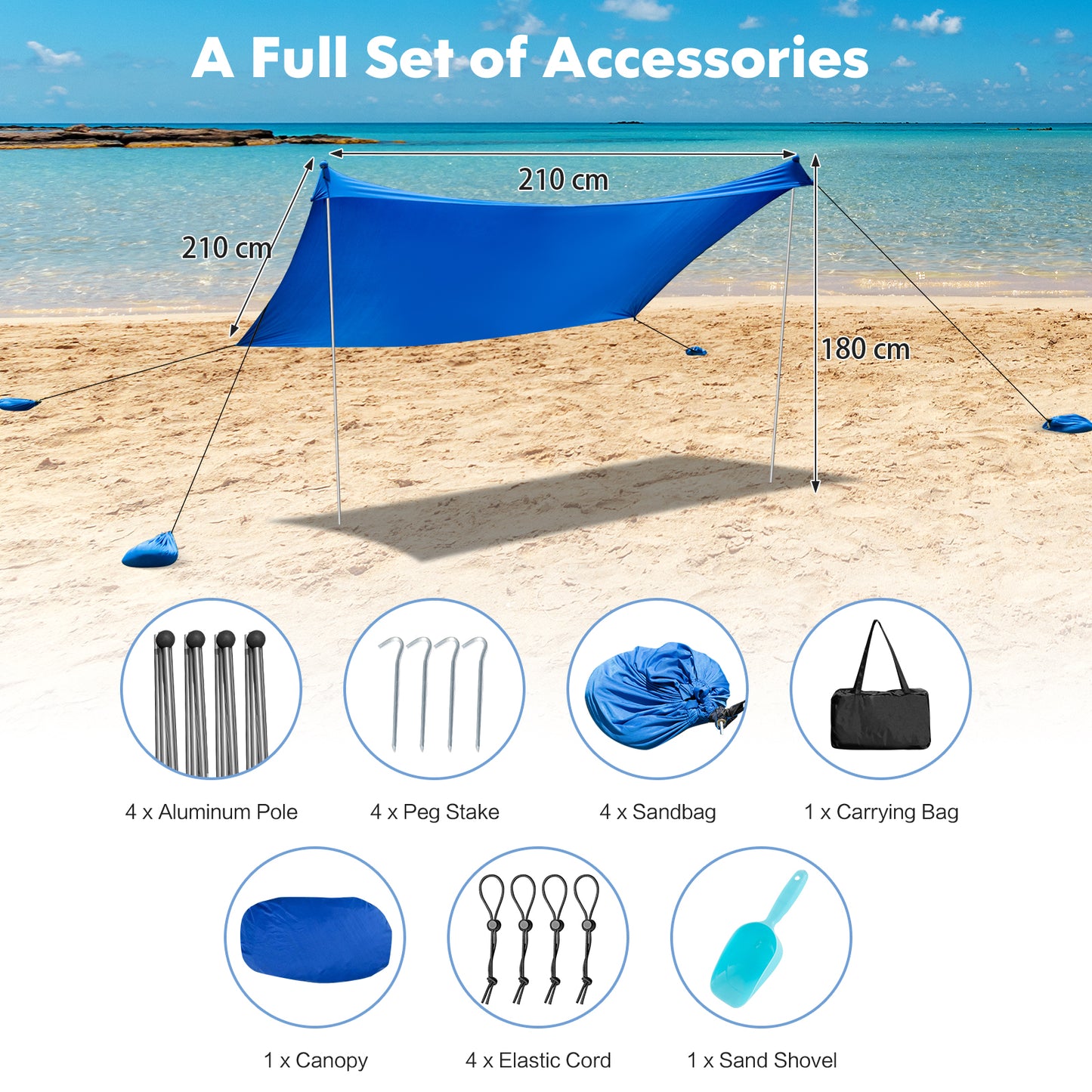 2-Size Beach Sunshade Canopy with Sandbags &amp; Carry Bag for Beach, Trip-Blue-210 x 210 x 180 cm