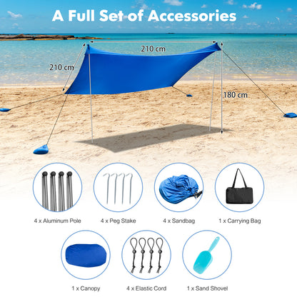 2-Size Beach Sunshade Canopy with Sandbags &amp; Carry Bag for Beach, Trip-Blue-210 x 210 x 180 cm