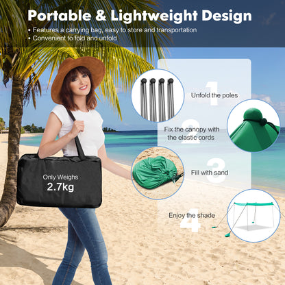 2-Size Beach Sunshade Canopy with Sandbags &amp; Carry Bag for Beach, Trip-Green-210 x 210 x 180 cm