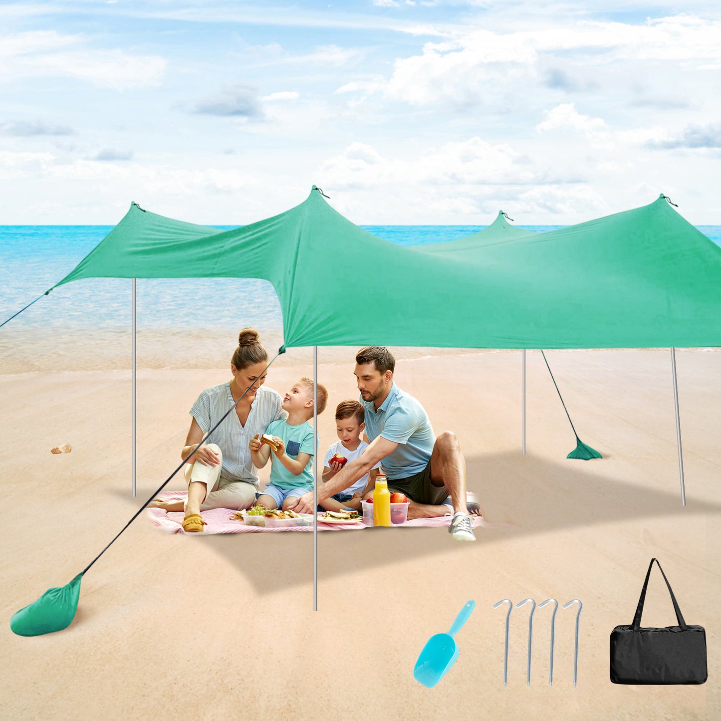 2-Size Beach Sunshade Canopy with Sandbags &amp; Carry Bag for Beach, Trip-Green-210 x 210 x 180 cm
