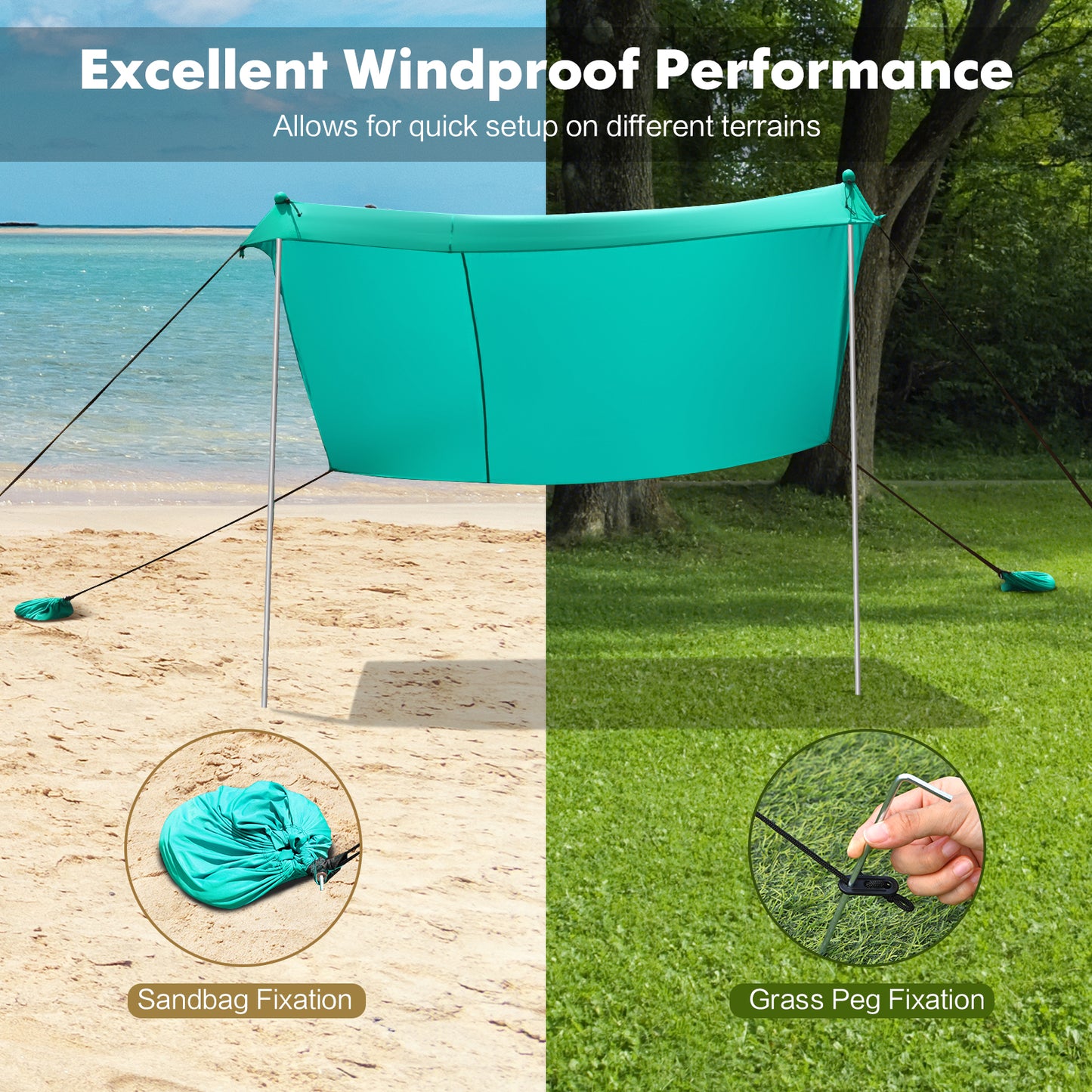 2-Size Beach Sunshade Canopy with Sandbags &amp; Carry Bag for Beach, Trip-Green-210 x 210 x 180 cm