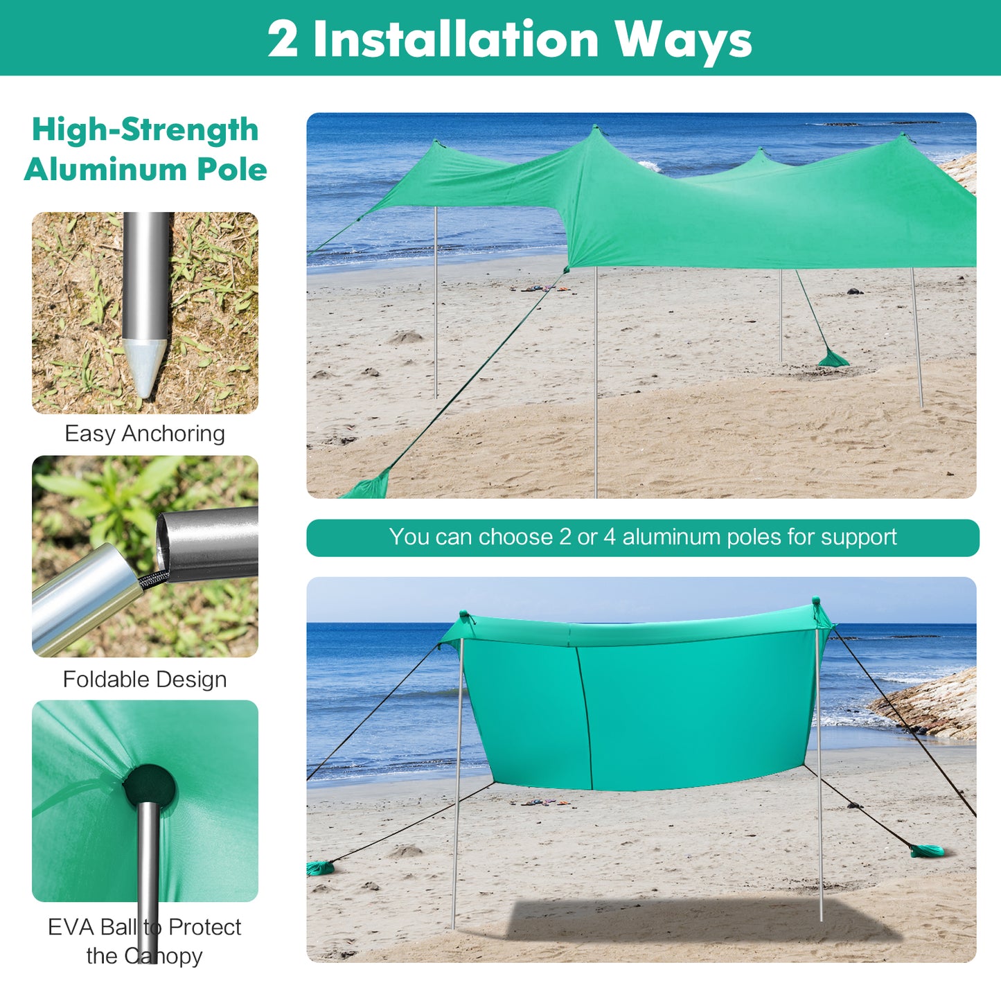 2-Size Beach Sunshade Canopy with Sandbags &amp; Carry Bag for Beach, Trip-Green-210 x 210 x 180 cm