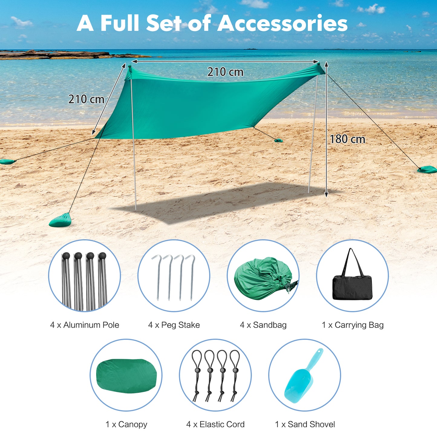 2-Size Beach Sunshade Canopy with Sandbags &amp; Carry Bag for Beach, Trip-Green-210 x 210 x 180 cm