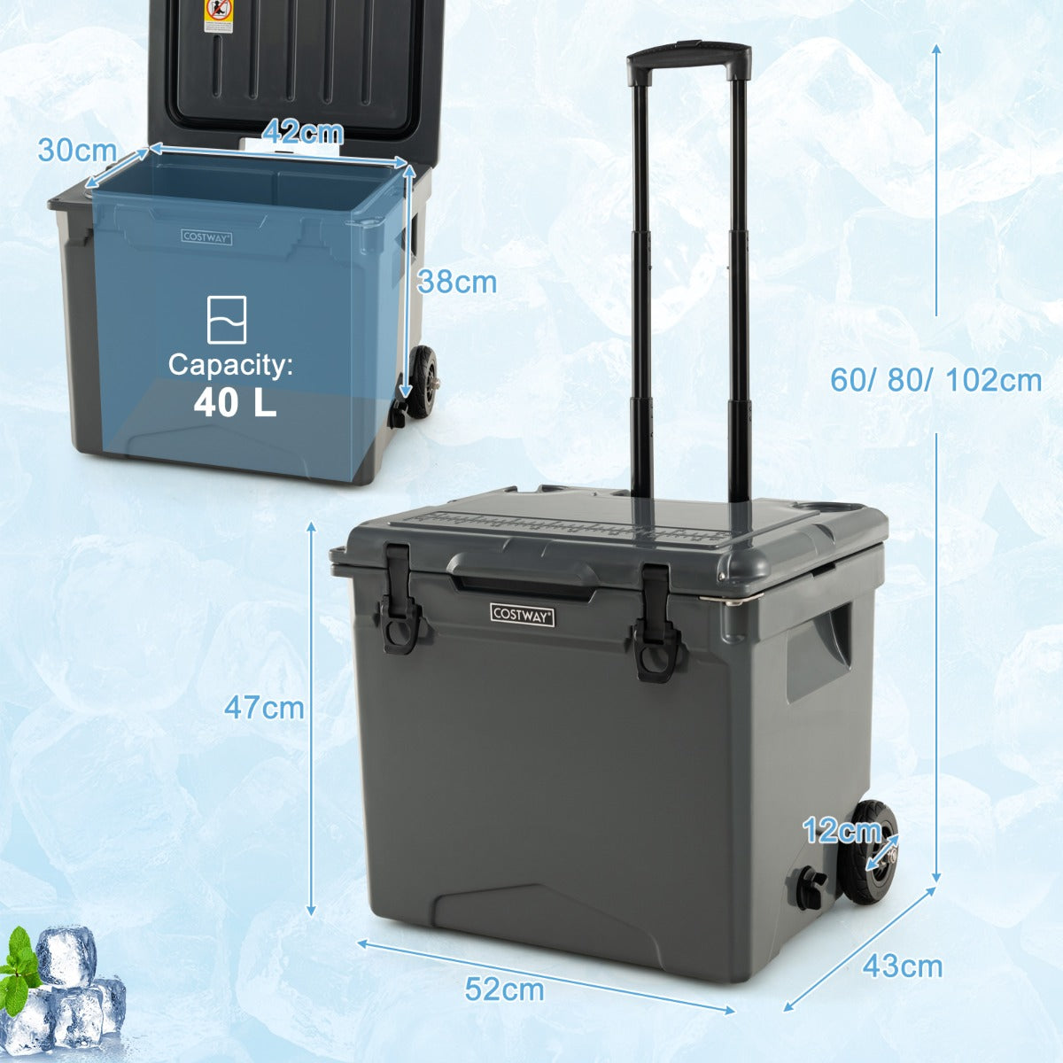 Costway Cooler with Wheels and Handle for Beach/Camping-Grey