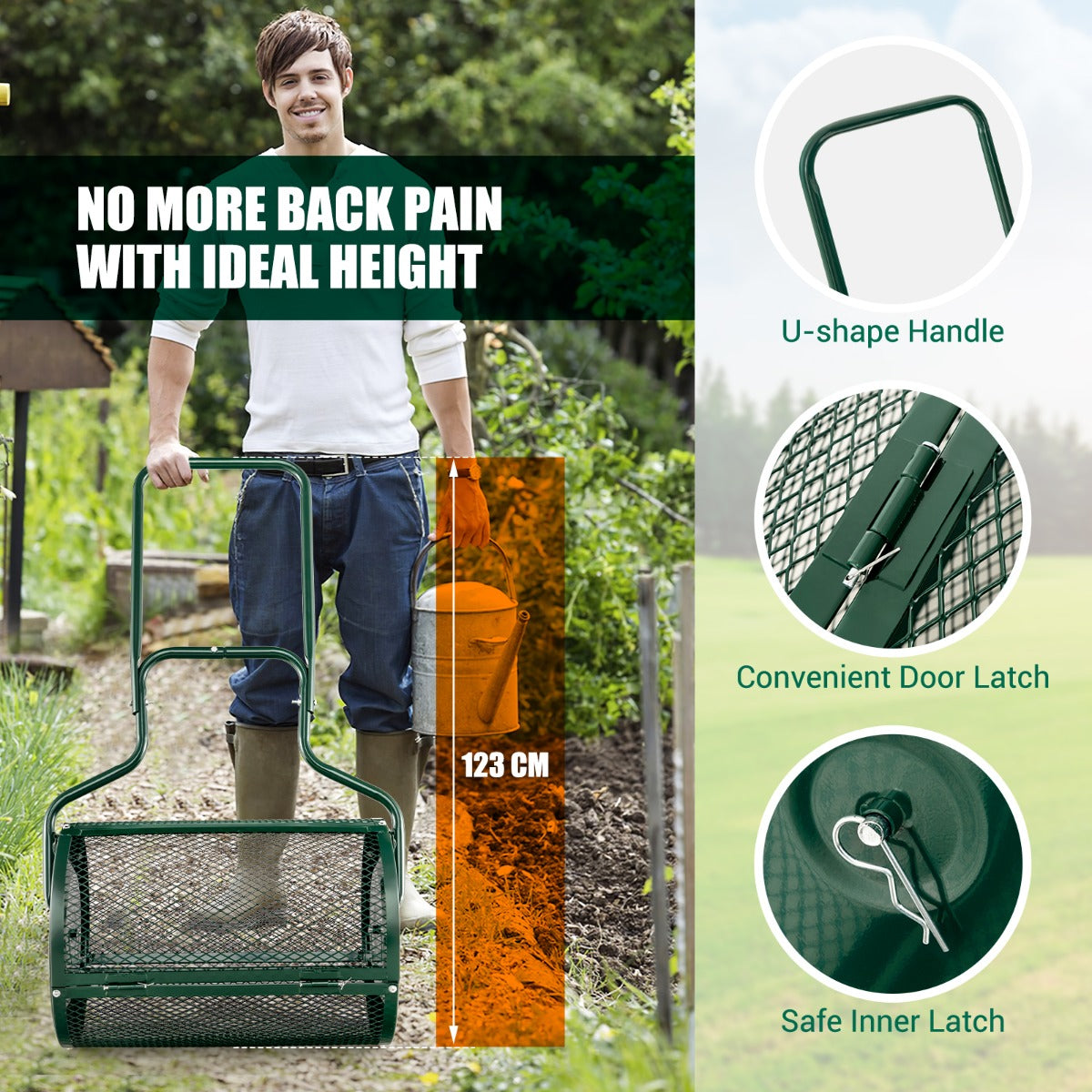 75L garden spreader includes secure latches, a spacious drum, and clear assembly instructions