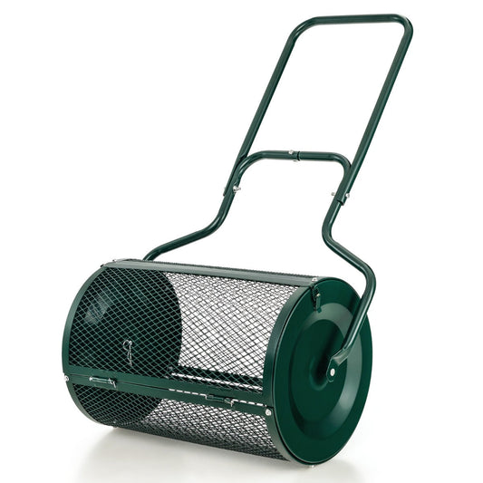Heavy-duty lawn spreader breaks up large compost pieces and distributes nutrients evenly across grass