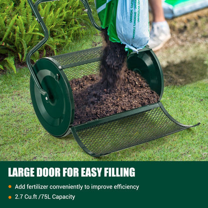 Large filling door makes adding fertilizer, sand, manure, compost, and peat moss quick and easy