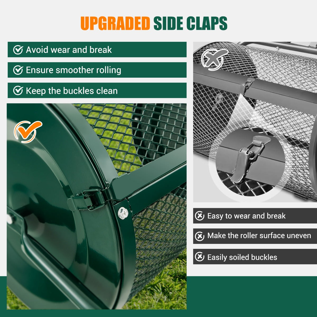 Upgraded side clasps provide smoother rolling and reduce wear compared with traditional door clasps