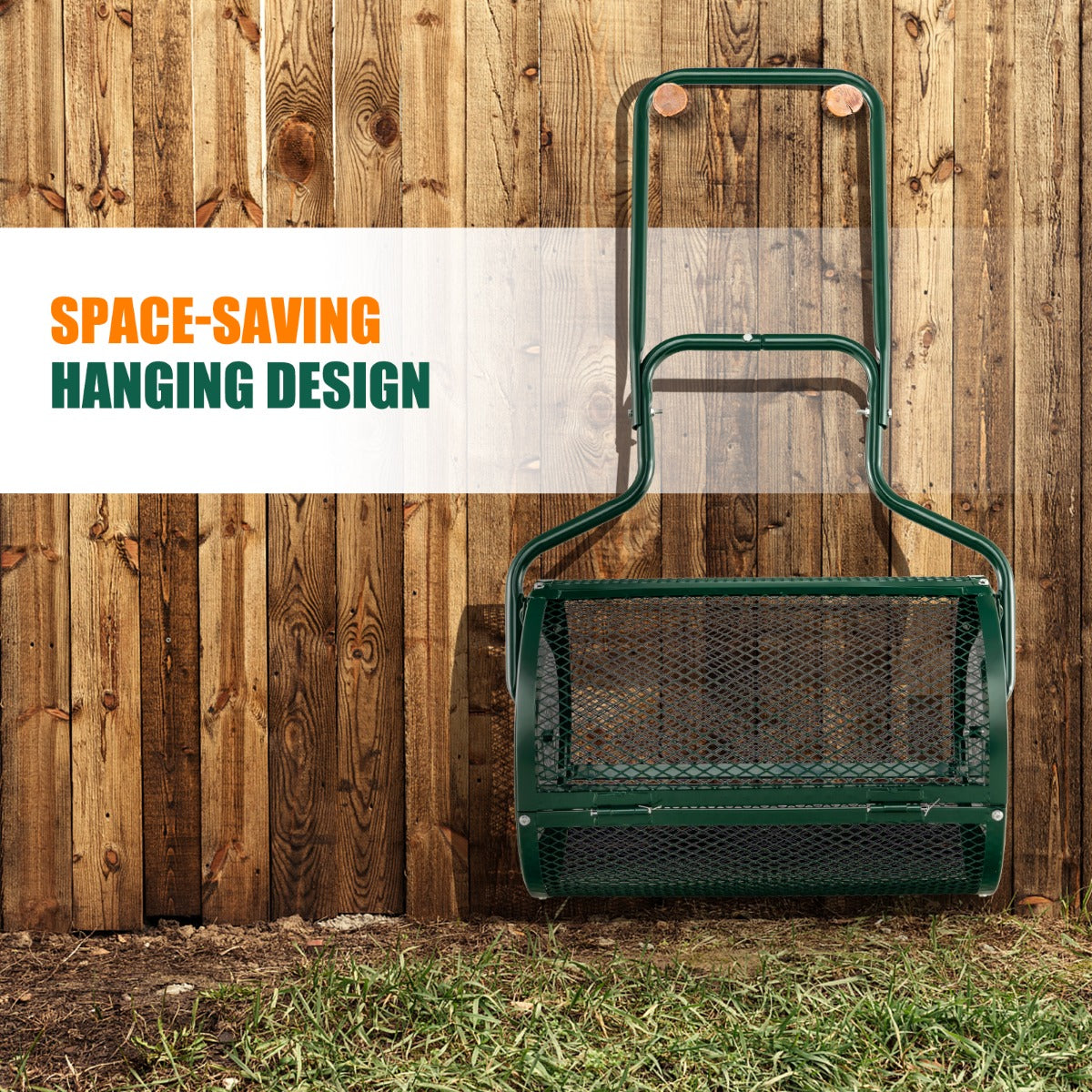 Wall-hanging design makes this metal compost spreader easy to store after lawn care tasks