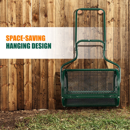 Wall-hanging design makes this metal compost spreader easy to store after lawn care tasks