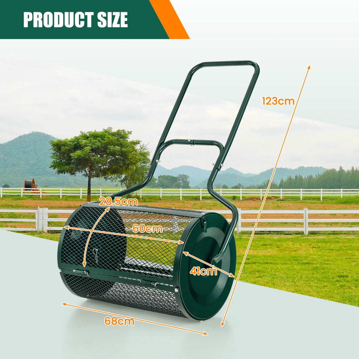 75L compost spreader with intensive metal mesh for even distribution of peat moss and topsoil