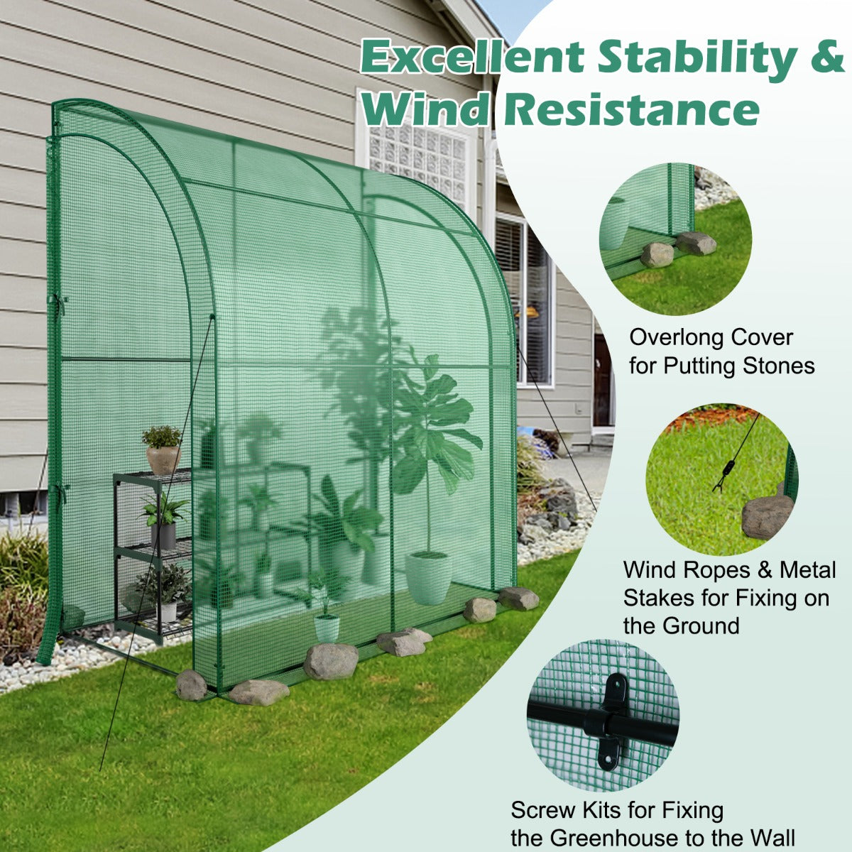 199 x 98 x 215cm Mini Lean-to Walk-in Greenhouse with Flower Rack