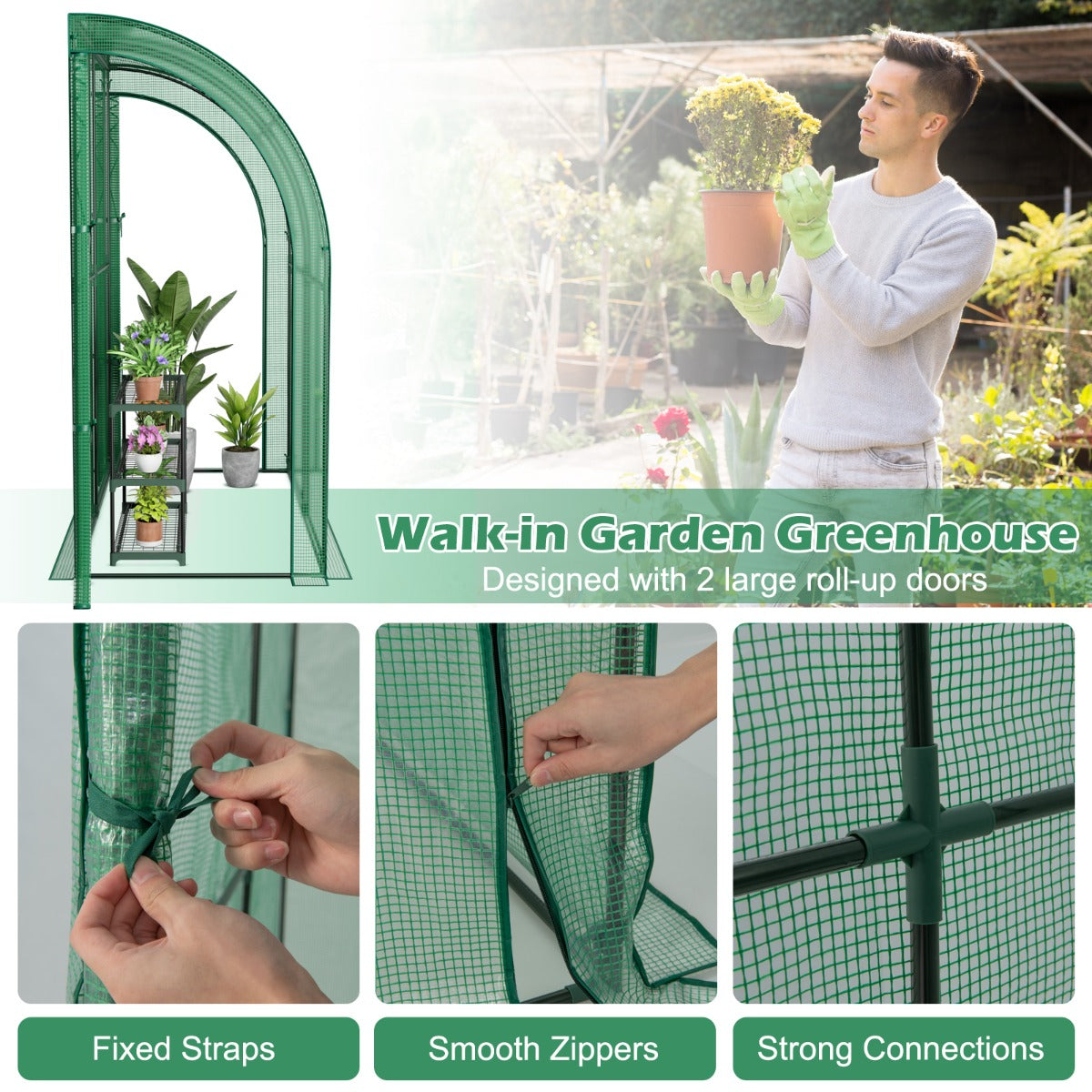199 x 98 x 215cm Mini Lean-to Walk-in Greenhouse with Flower Rack