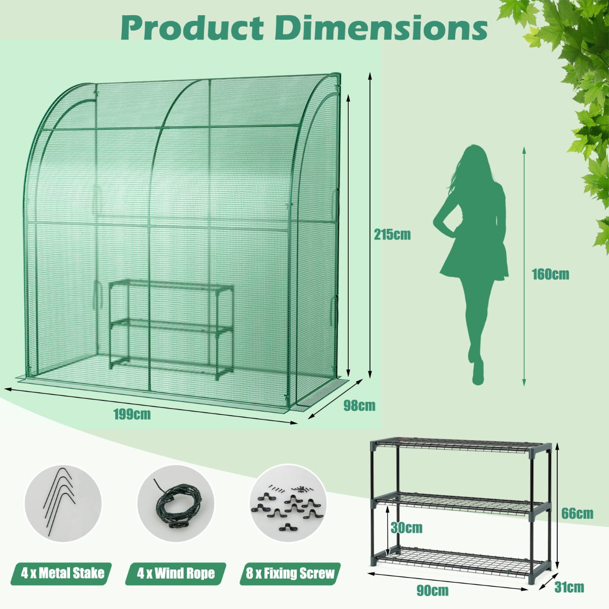 199 x 98 x 215cm Mini Lean-to Walk-in Greenhouse with Flower Rack