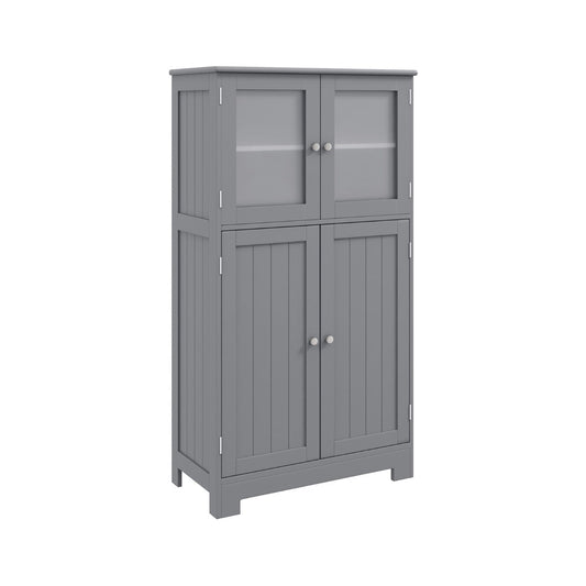Freestanding MDF floor cabinet offers three fixed compartments and two adjustable lower shelves