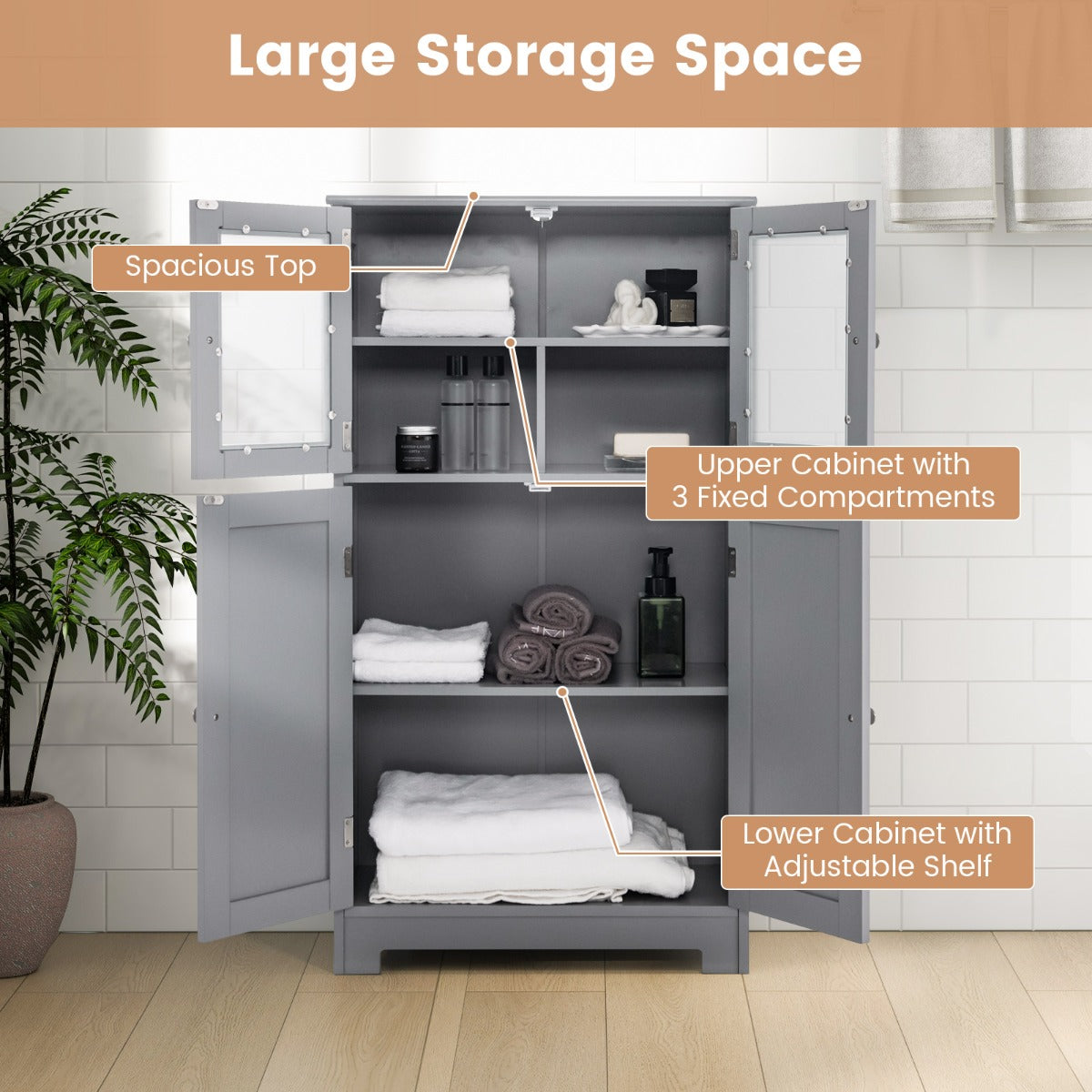 Adjustable shelf positions provide customized storage for bathroom items, books, dishes and ornaments