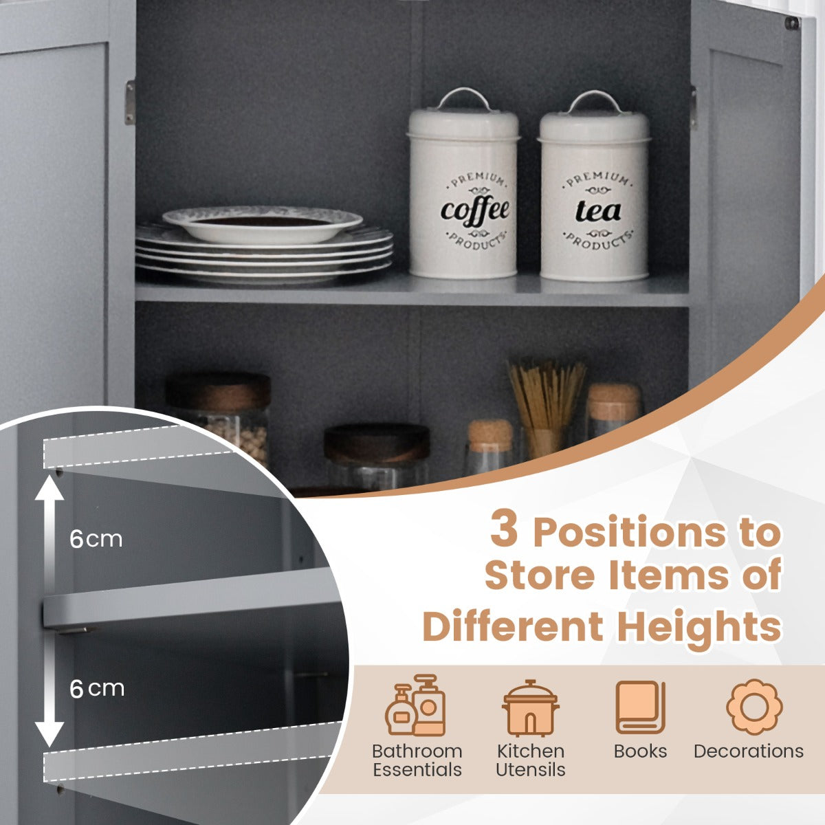 Four cabinet doors feature round knobs and magnetic catches for convenient opening and closing