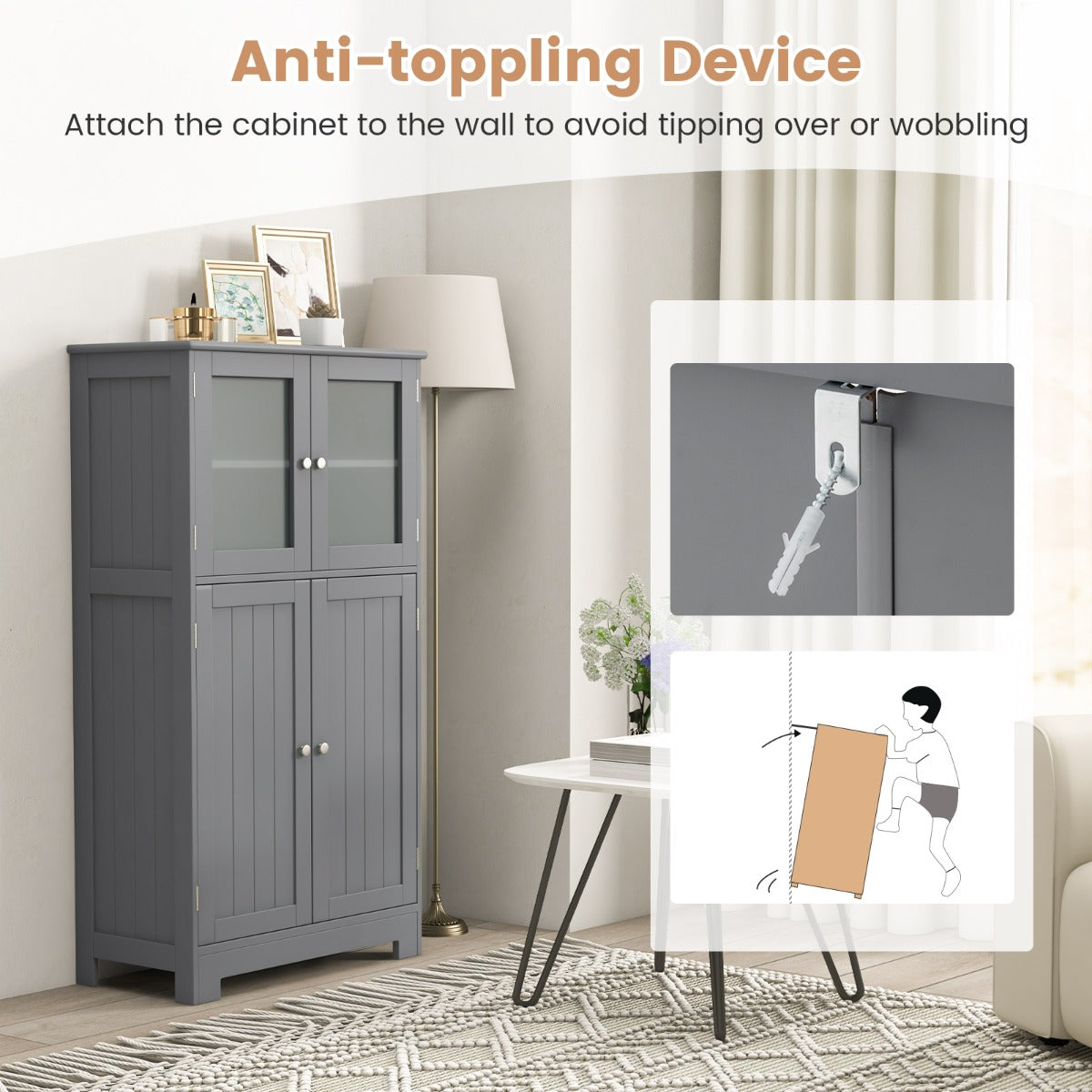 Wall-anchor anti-toppling device helps keep the tall storage cabinet stable and secure