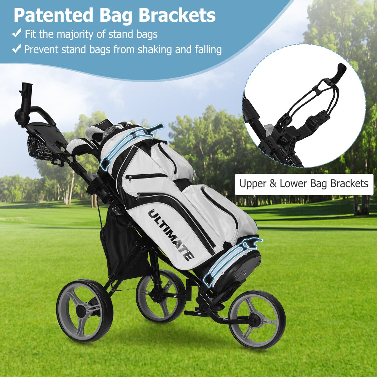 Golf Push Pull Cart Lightweight 3 Wheels Golf Push Cart-Grey