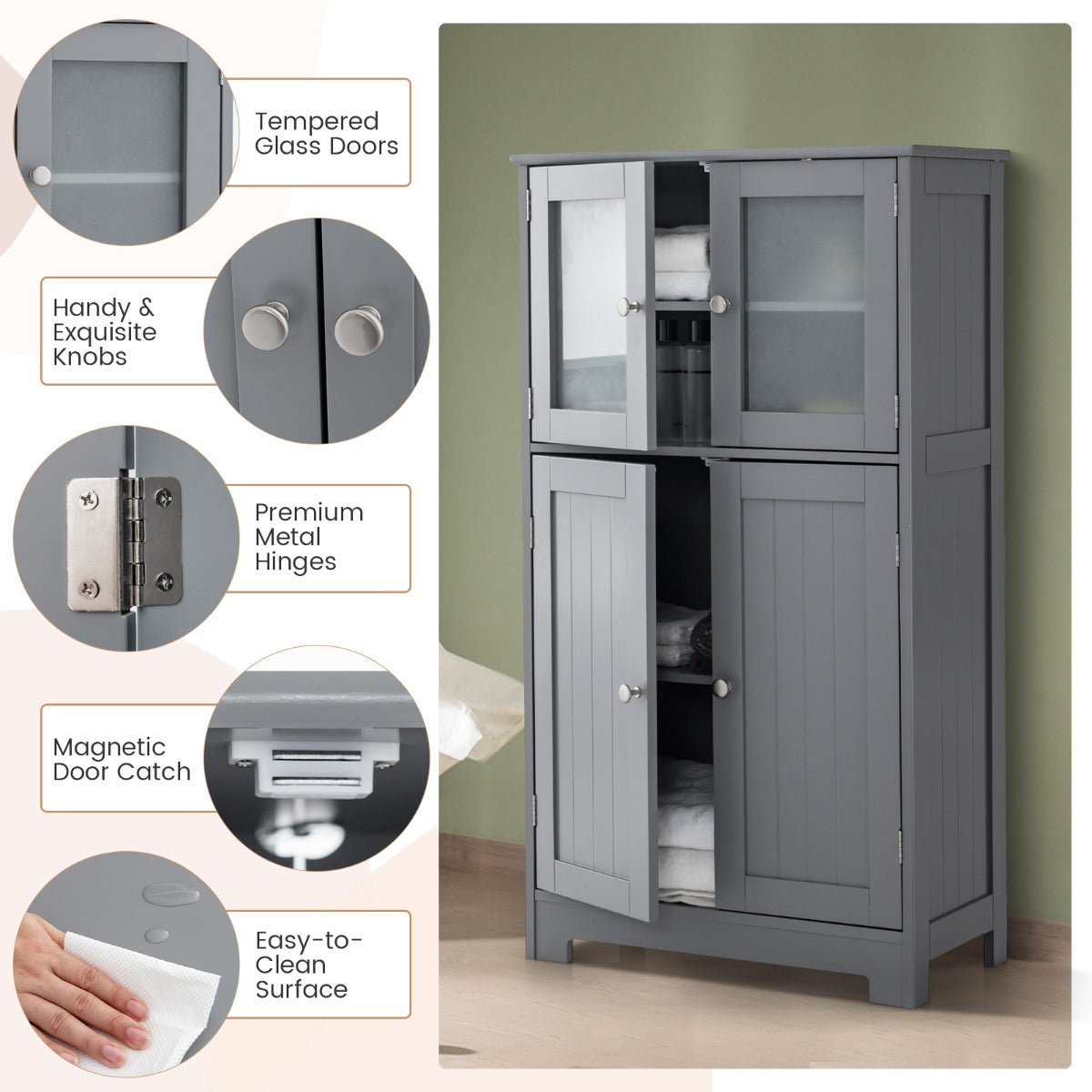 Compact 60 by 30 by 109 cm floor cabinet fits conveniently in both large and small spaces