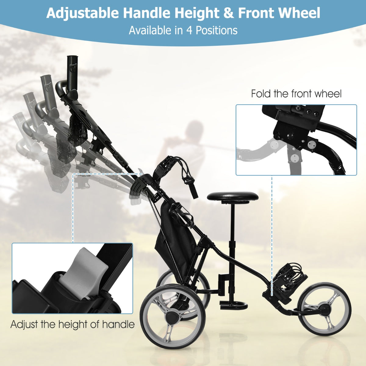 Golf Push Pull Cart Lightweight 3 Wheels Golf Push Cart-Grey
