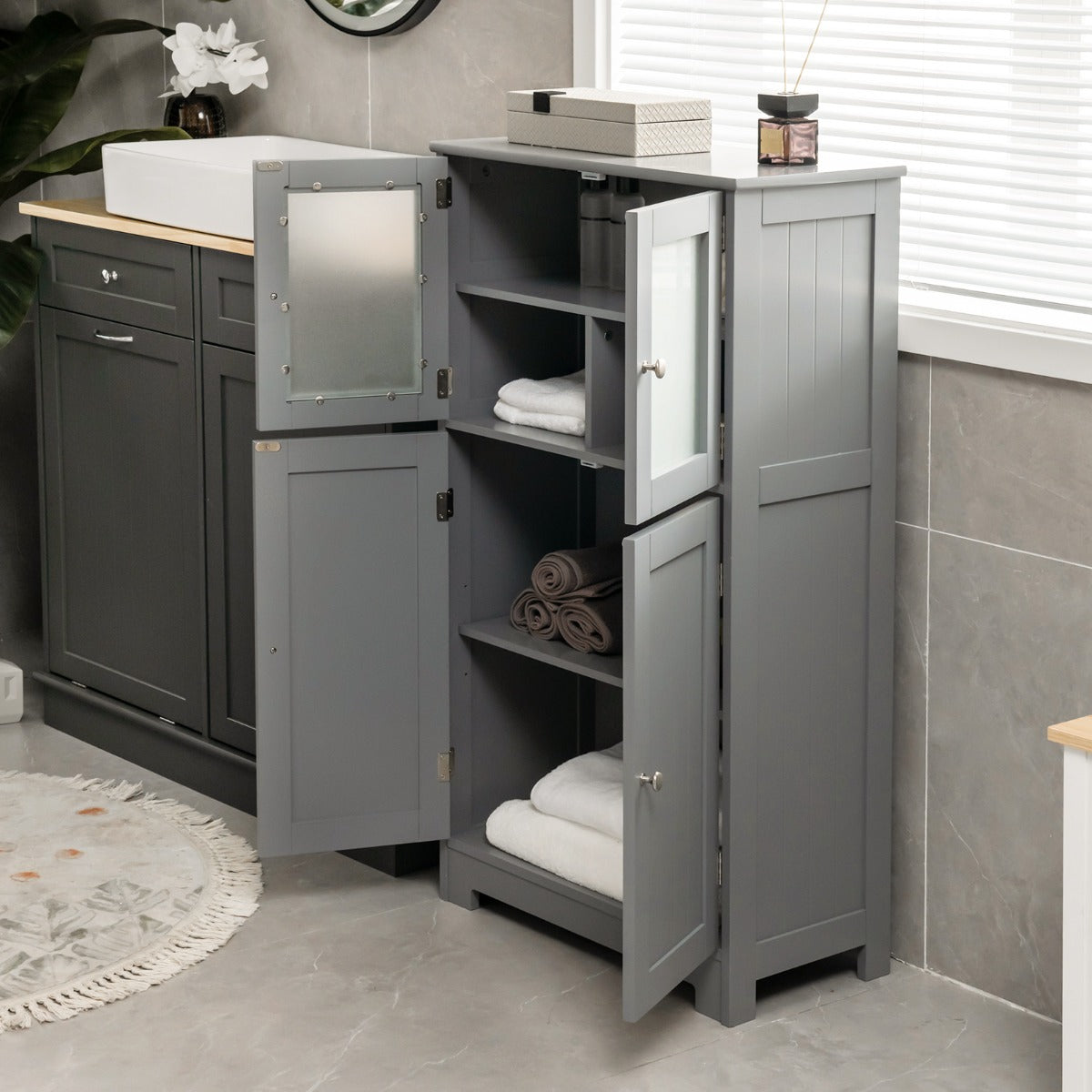 Versatile white cabinet works well in bathrooms, kitchens, living rooms and entryways