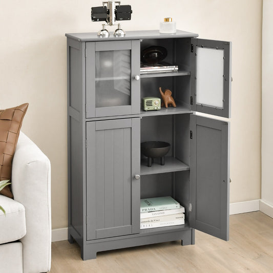 Costway Bathroom Storage Cabinet with Tempered Glass Doors &amp; Adjustable Shelf-Grey