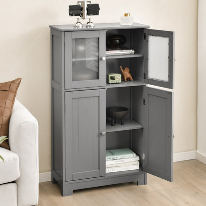 Two obscure tempered glass doors add modern charm while protecting the privacy of stored items