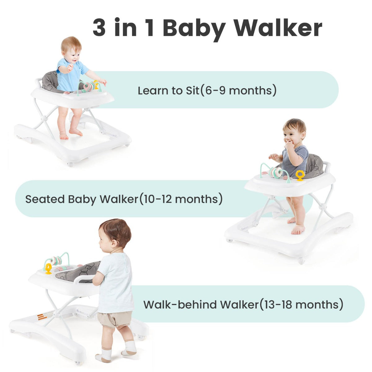 Foldable Baby Walker with Adjustable Height for Boys and Girls-Grey
