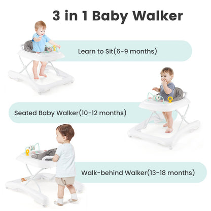 Foldable Baby Walker with Adjustable Height for Boys and Girls-Grey