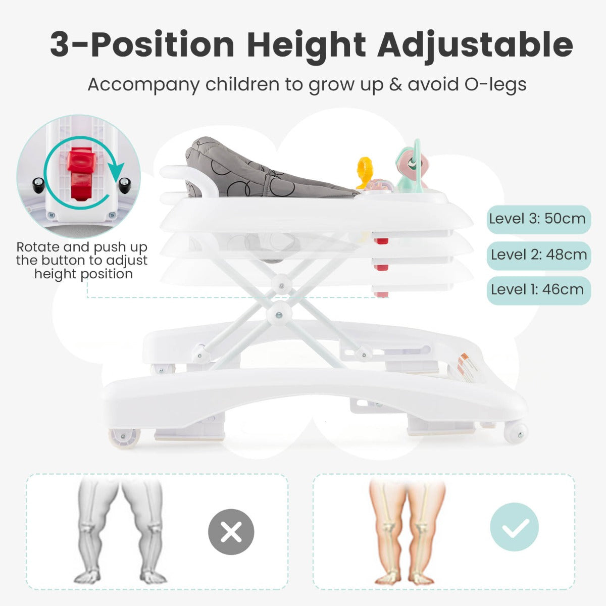Foldable Baby Walker with Adjustable Height for Boys and Girls-Grey