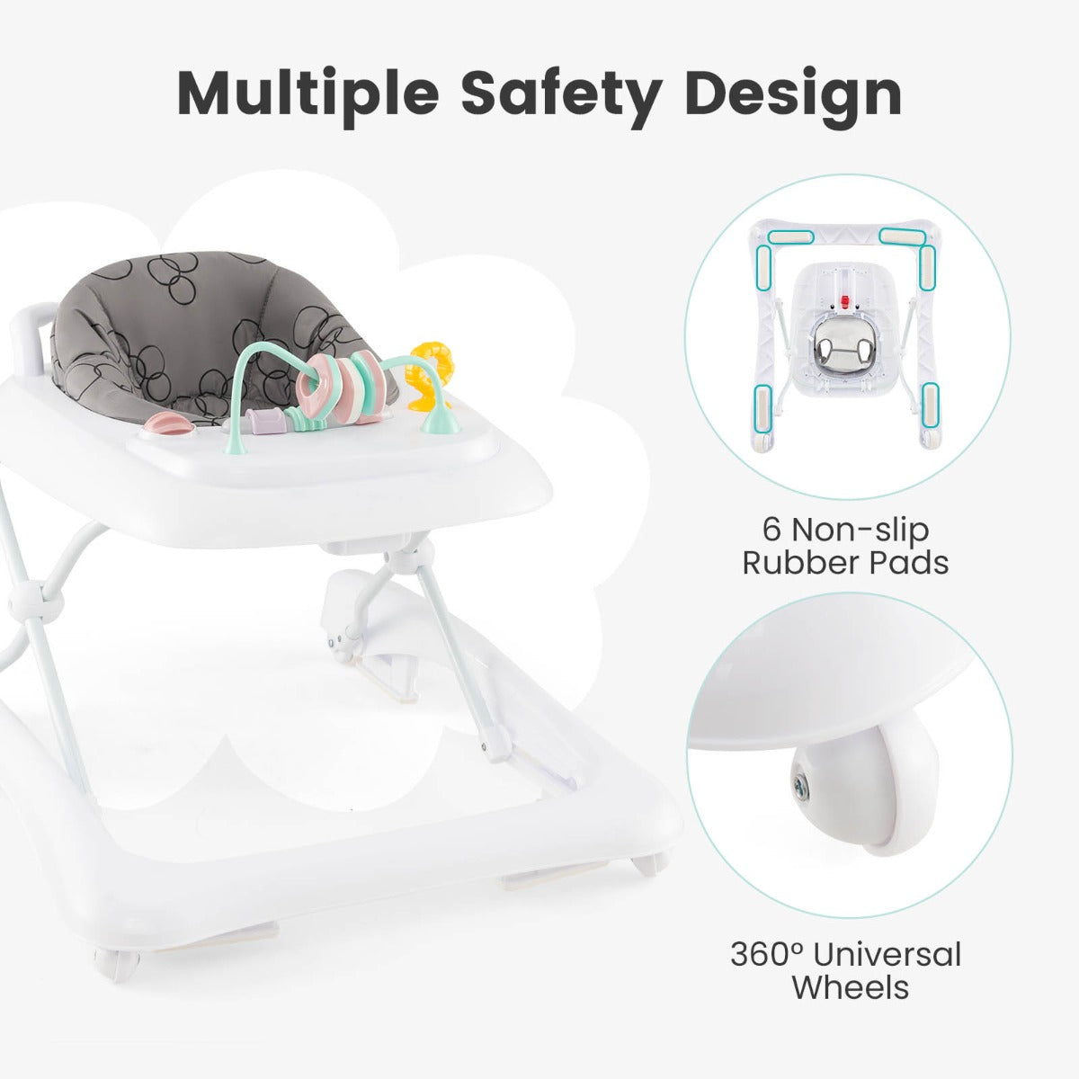 Foldable Baby Walker with Adjustable Height for Boys and Girls-Grey