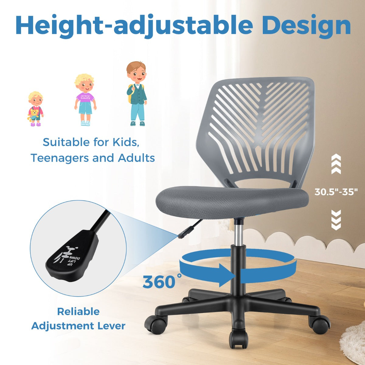 Armless design saves space and lets the chair slide neatly under a table when not in use