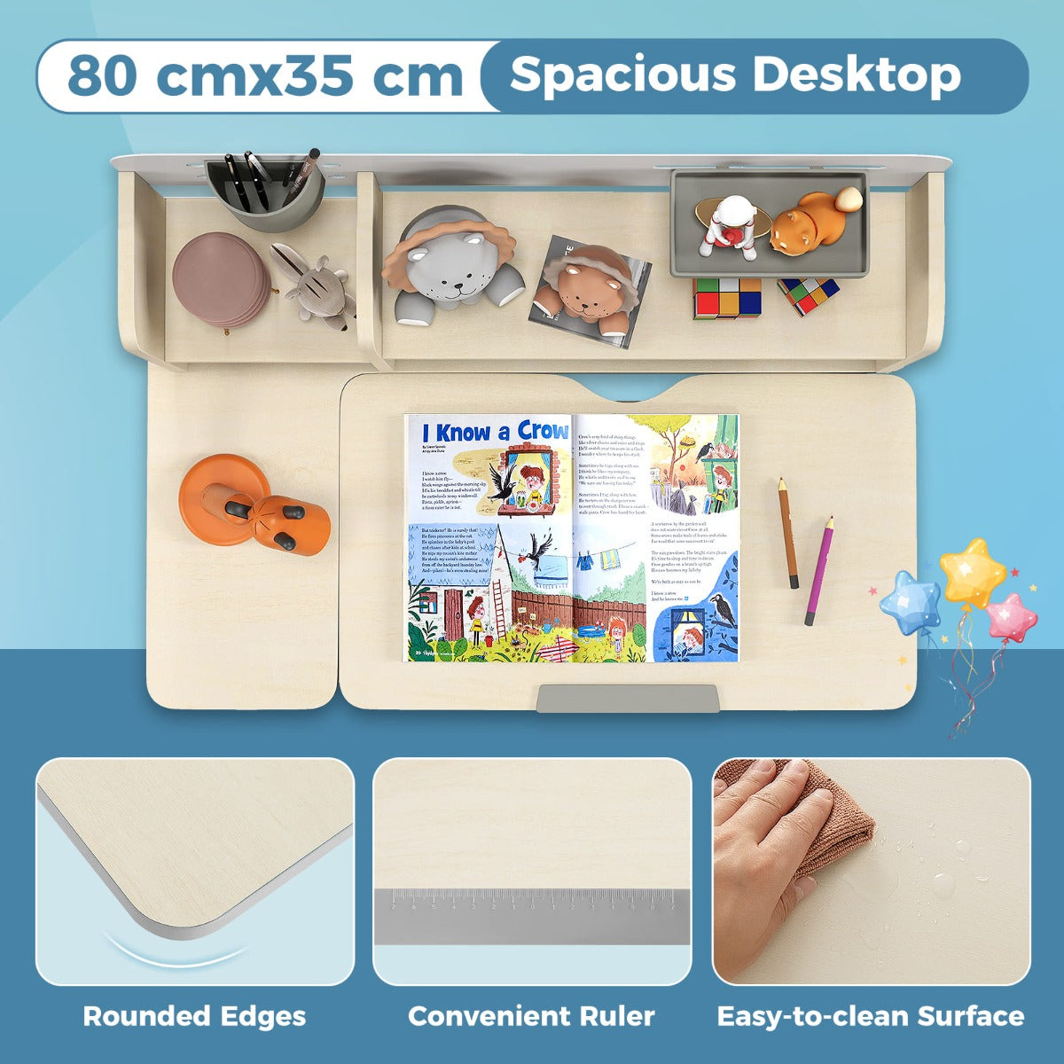 Durable MDF and metal kids desk supports up to 100 kg and is easy to clean