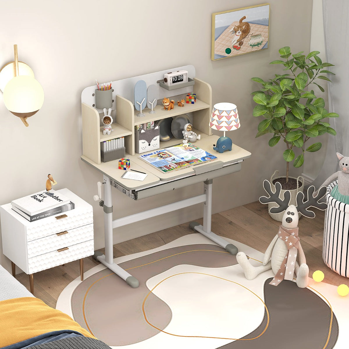 Hutch shelves, large drawer, pen holder, and tray provide organized study storage