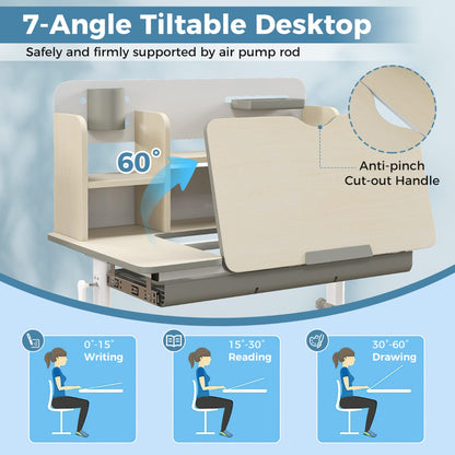 Costway Height Adjustable Children Study Desk with Tilt Desktop for 3-12 Years Old-Grey