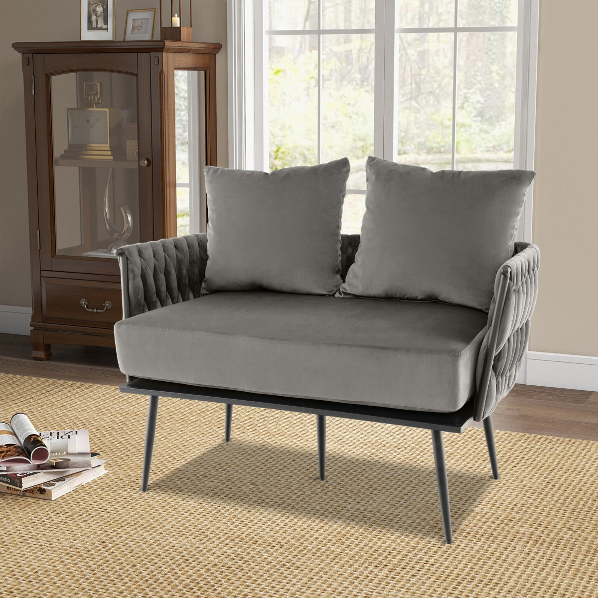 Two PP cotton pillows add softness and comfort to this cozy small loveseat sofa