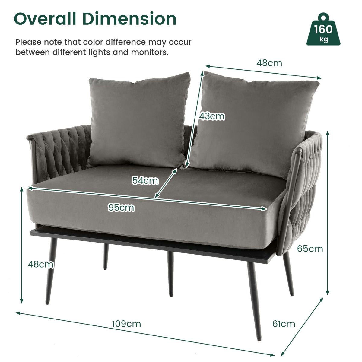 Green or grey woven loveseat sofa with textured backrest and curved armrests for modern homes