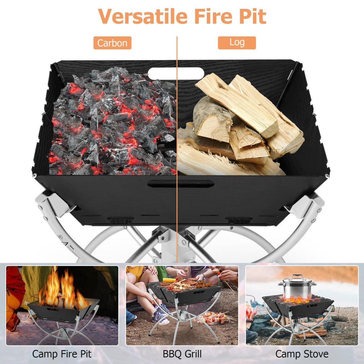 Portable 3-in-1 Fire Pit Grill: Stainless Steel, Collapsible, with Carry Bag