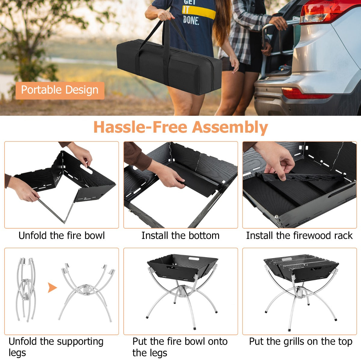 Portable 3-in-1 Fire Pit Grill: Stainless Steel, Collapsible, with Carry Bag