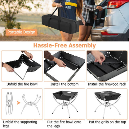 Portable 3-in-1 Fire Pit Grill: Stainless Steel, Collapsible, with Carry Bag