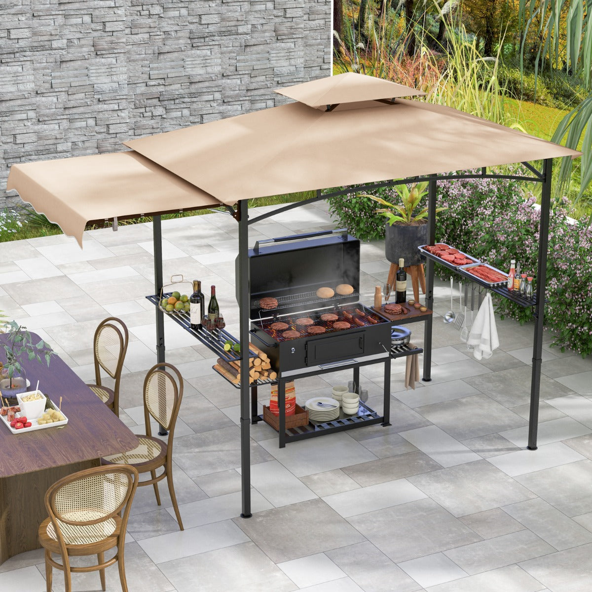 Grill Gazebo with Side Awning Outdoor BBQ Gazebo with 2 Side Shelves-Beige