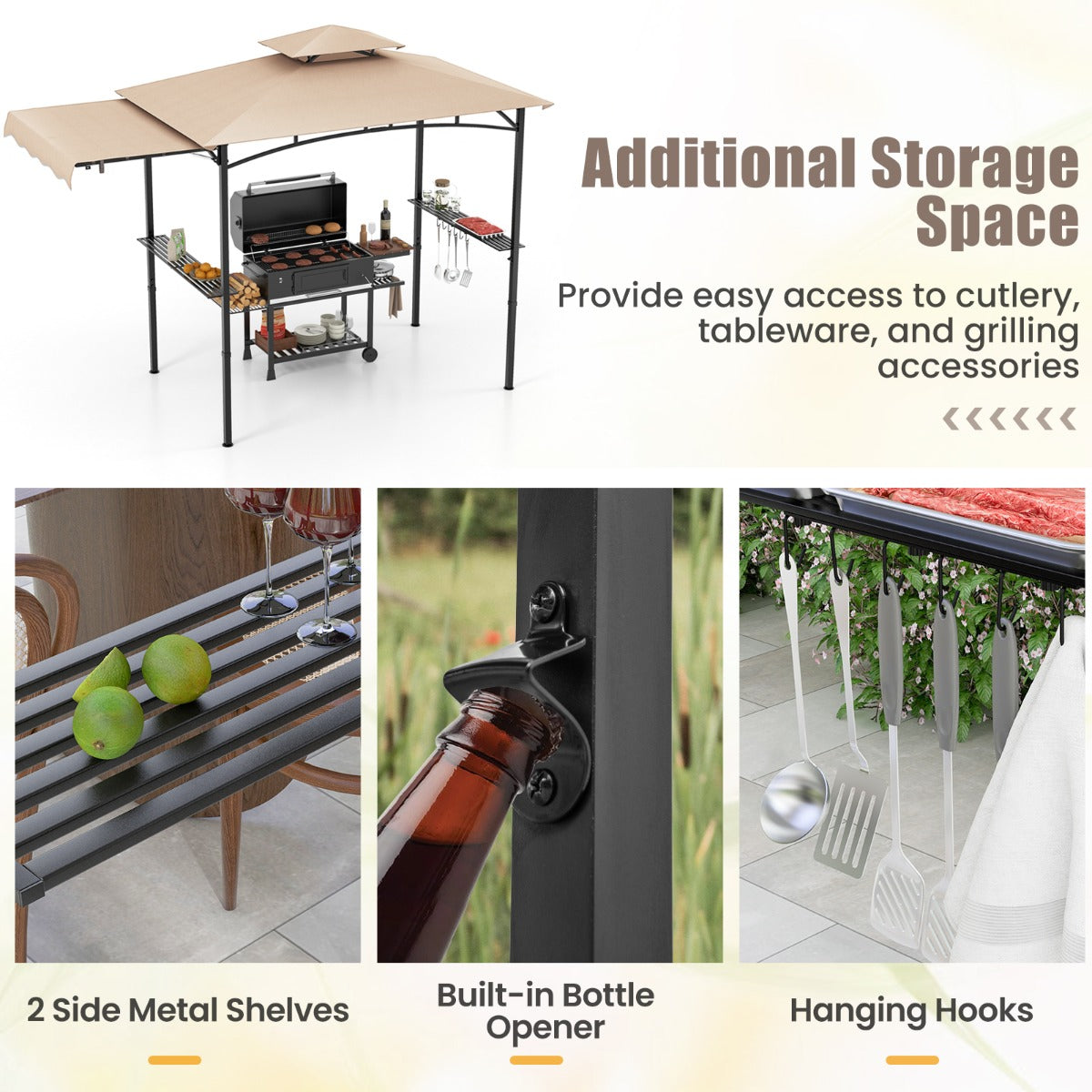 Grill Gazebo with Side Awning Outdoor BBQ Gazebo with 2 Side Shelves-Beige