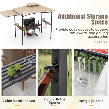 Grill Gazebo with Side Awning Outdoor BBQ Gazebo with 2 Side Shelves-Beige