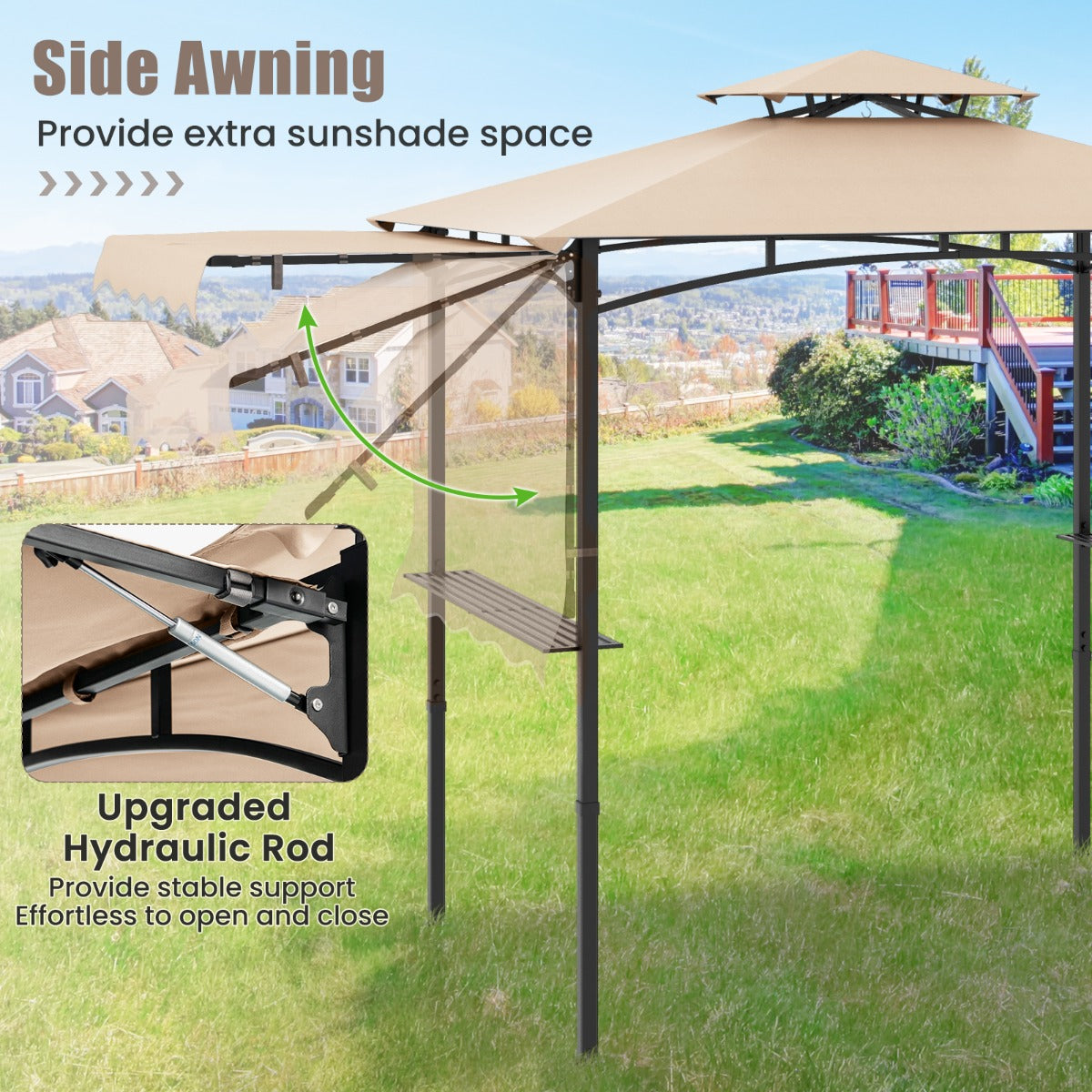 Grill Gazebo with Side Awning Outdoor BBQ Gazebo with 2 Side Shelves-Beige