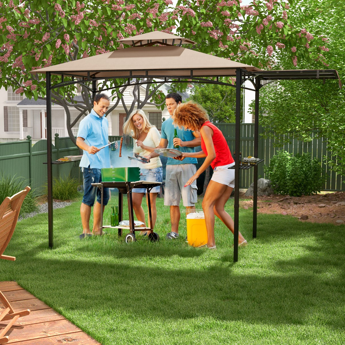 Grill Gazebo with Side Awning Outdoor BBQ Gazebo with 2 Side Shelves-Beige