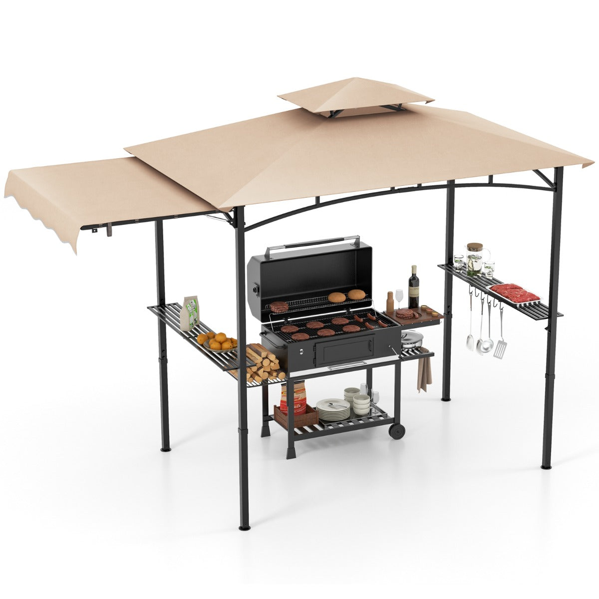 Grill Gazebo with Side Awning Outdoor BBQ Gazebo with 2 Side Shelves-Beige