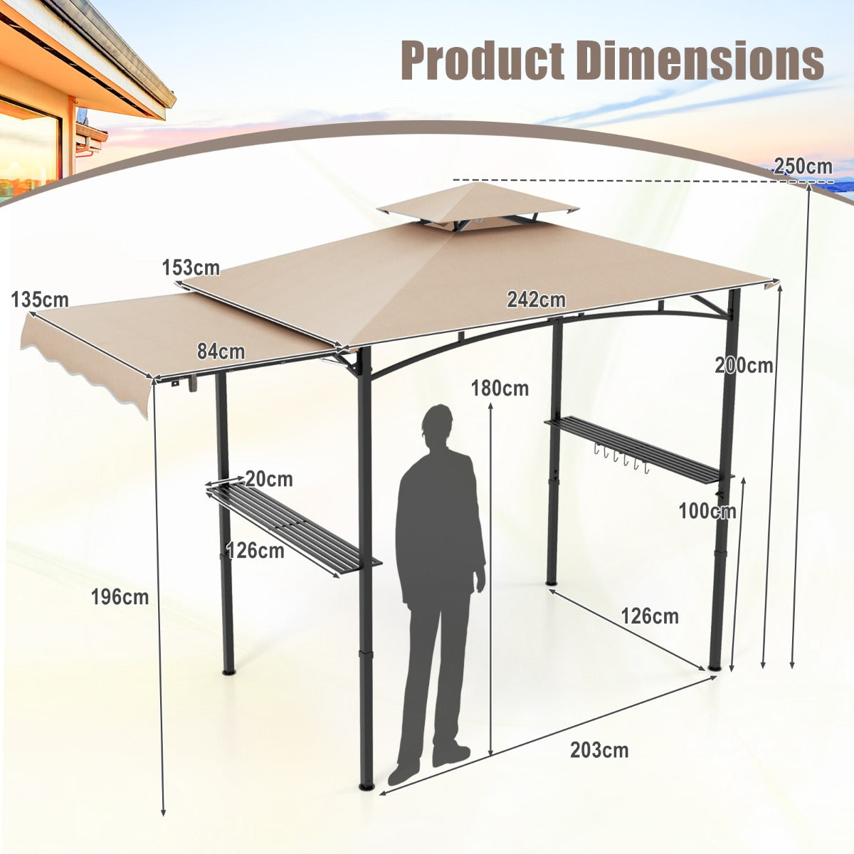 Grill Gazebo with Side Awning Outdoor BBQ Gazebo with 2 Side Shelves-Beige